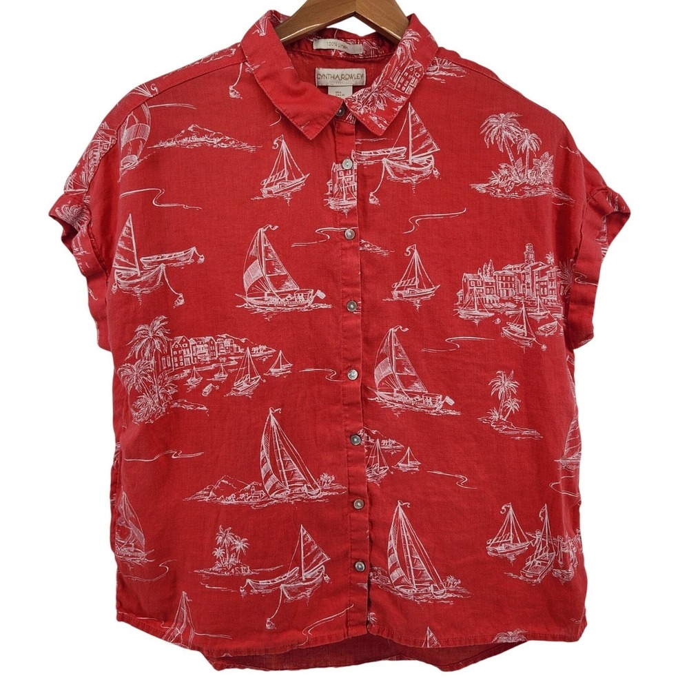 Cynthia Rowley Linen Button Down Short Sleeve Shirt Womens M Red Nautical